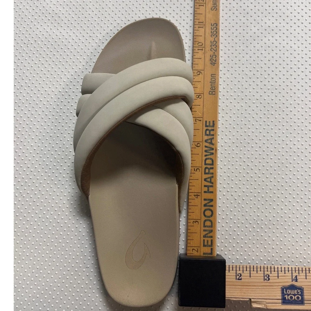OluKai Mi'i Womens Leather Puffy Crisscross Slide Sandals Bone‎ White Size 10